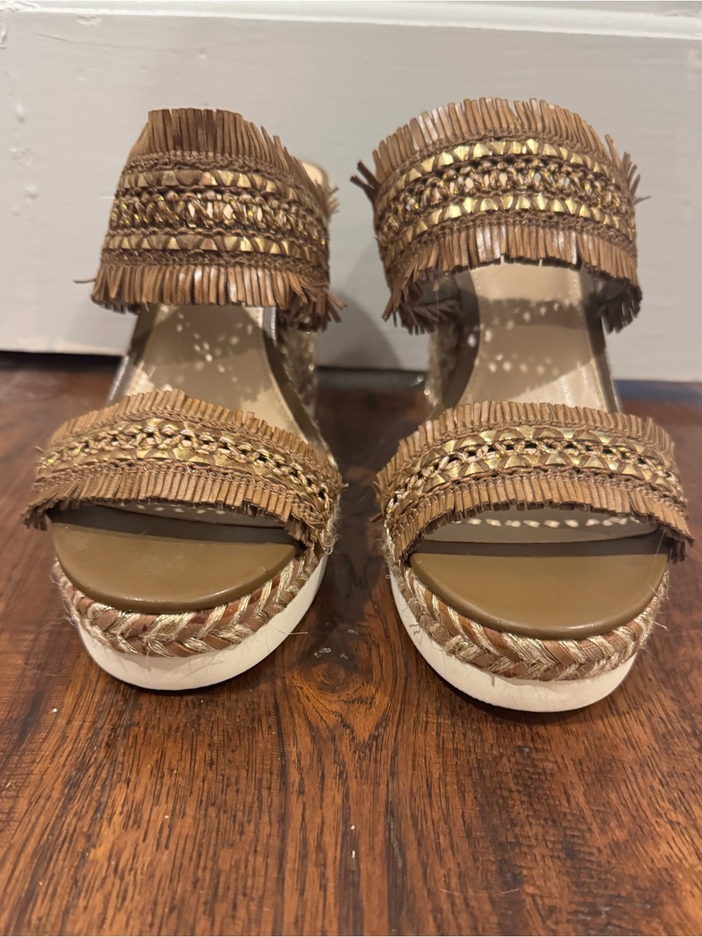 Vince Camuto Tan and Gold Braided Wedge Slides - Picture 2 of 7